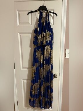 Blue and Gold Halter Maxi Dress